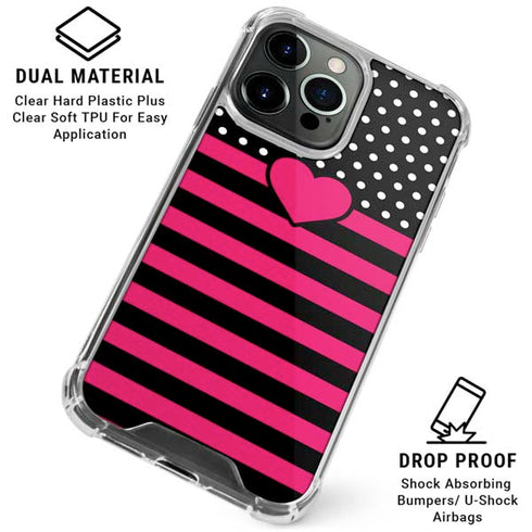 Polka Dots and Stripes Heart in Pink iPhone 16 Pro Clear Case