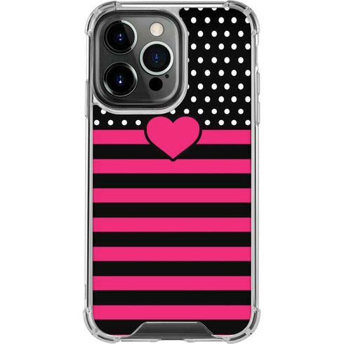 Polka Dots and Stripes Heart in Pink iPhone 16 Pro Max Clear Case