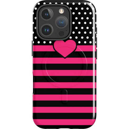 Polka Dots and Stripes Heart in Pink iPhone 16 Pro Max Magsafe Impact Case