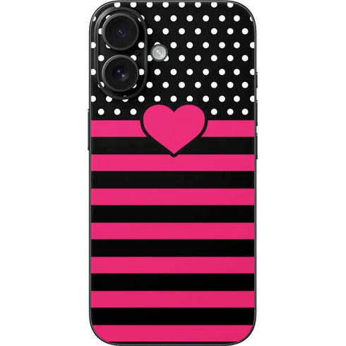 Polka Dots and Stripes Heart in Pink iPhone 16 Skin