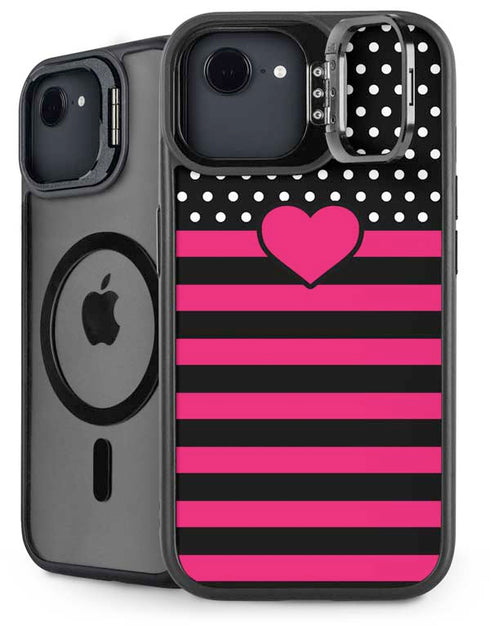 Polka Dots and Stripes Heart in Pink iPhone 16e Kickstand Case
