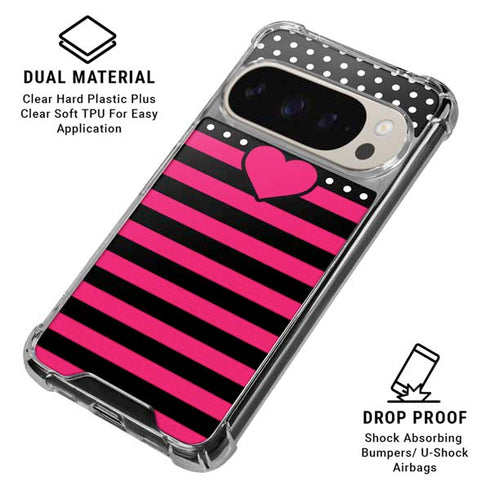 Polka Dots and Stripes Heart in Pink Pixel 9/9 Pro Clear Case