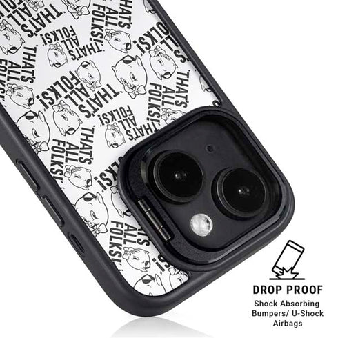 Looney Tunes Porky Pig Black and White iPhone 15 Plus Kickstand Case