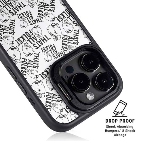 Looney Tunes Porky Pig Black and White iPhone 15 Pro Kickstand Case