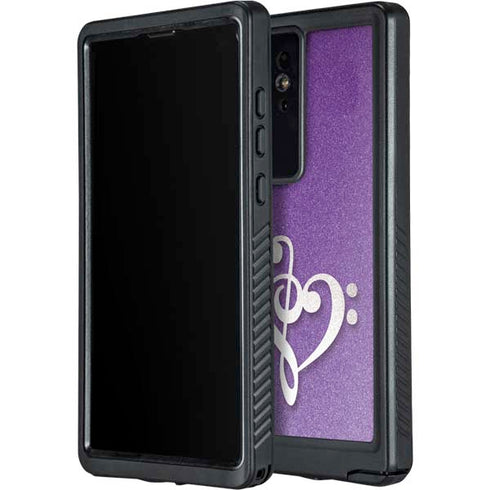 Purple Glitter Musical Heart Galaxy S24 Ultra Waterproof Case