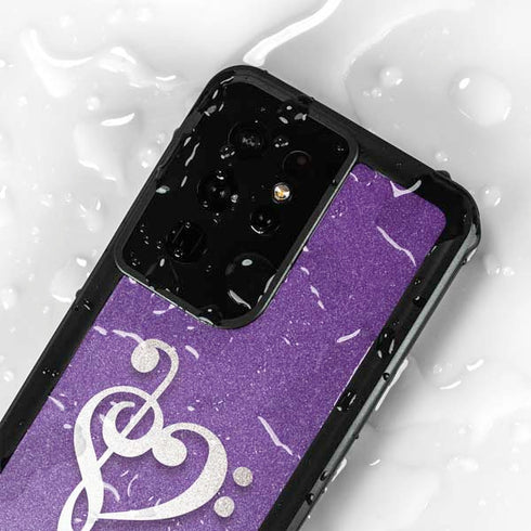 Purple Glitter Musical Heart Galaxy S24 Ultra Waterproof Case