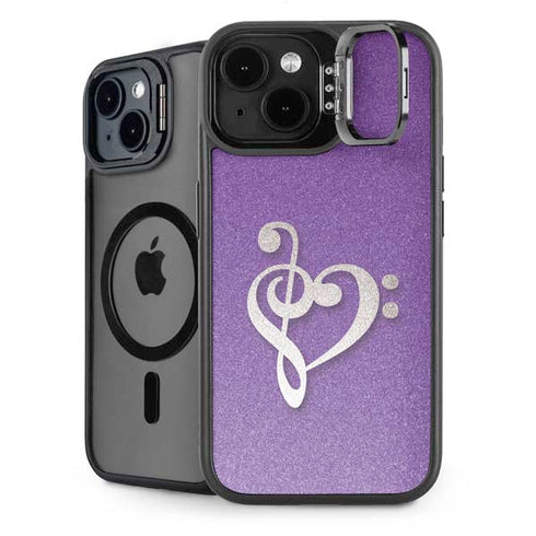 Purple Glitter Musical Heart iPhone 14 Kickstand Case