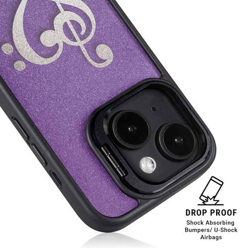 Purple Glitter Musical Heart iPhone 14 Kickstand Case