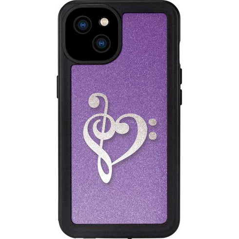 Purple Glitter Musical Heart iPhone 15 Plus Waterproof Case