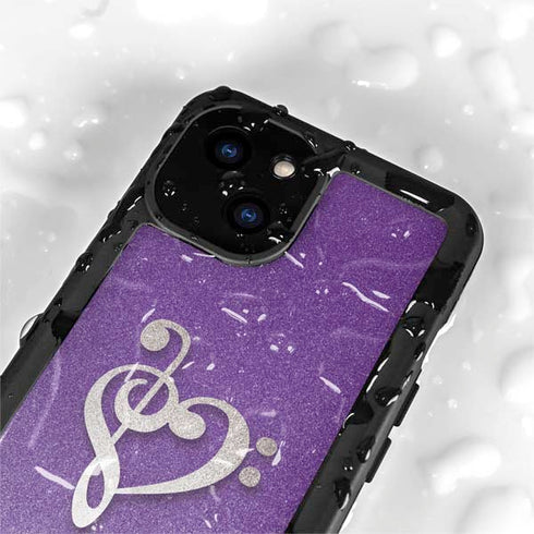 Purple Glitter Musical Heart iPhone 15 Plus Waterproof Case