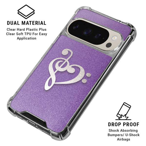 Purple Glitter Musical Heart Pixel 9/9 Pro Clear Case