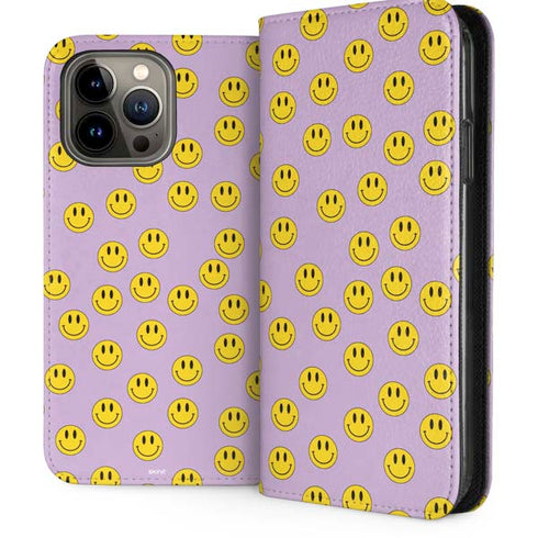 Purple Happy Face Pattern iPhone 15 Pro Max Folio Case