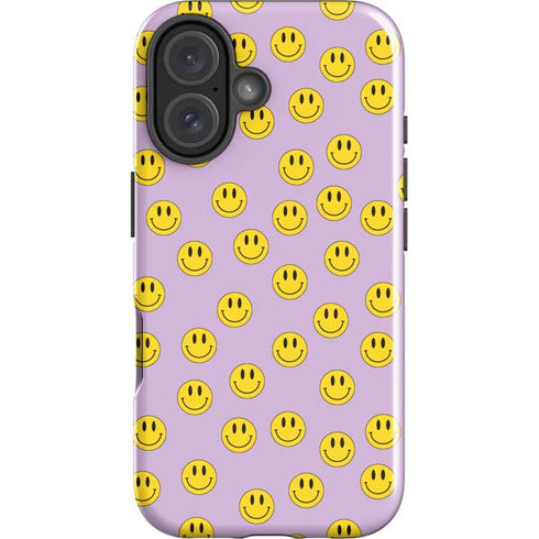 Purple Happy Face Pattern iPhone 16 Plus Impact Case