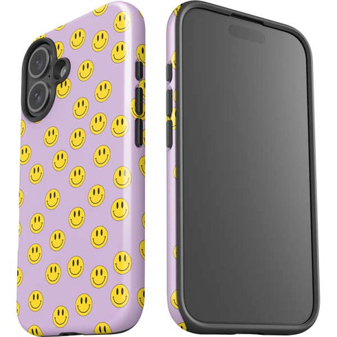 Purple Happy Face Pattern iPhone 16 Plus Impact Case