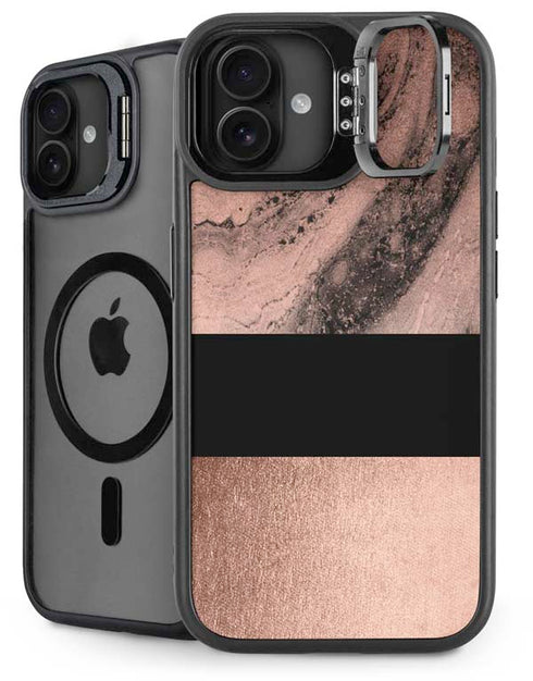 Rose Gold and Black Marble iPhone 16 Plus Kickstand Case