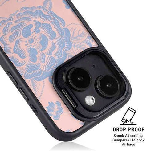 Rose Quartz & Serenity Floral iPhone 15 Plus Kickstand Case