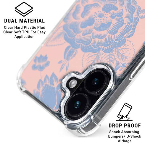 Rose Quartz & Serenity Floral iPhone 16 Plus Clear Case