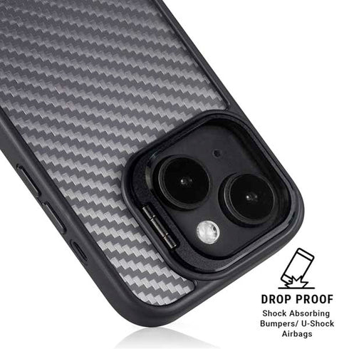 Silver Carbon Fiber Specialty Texture Material iPhone 15 Plus Kickstand Case