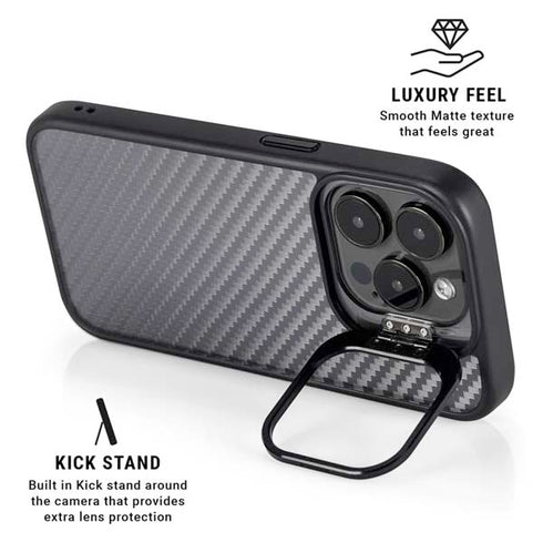 Silver Carbon Fiber Specialty Texture Material iPhone 15 Pro Kickstand Case