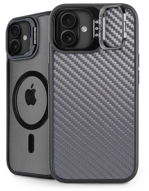 Silver Carbon Fiber Specialty Texture Material iPhone 16 Plus Kickstand Case