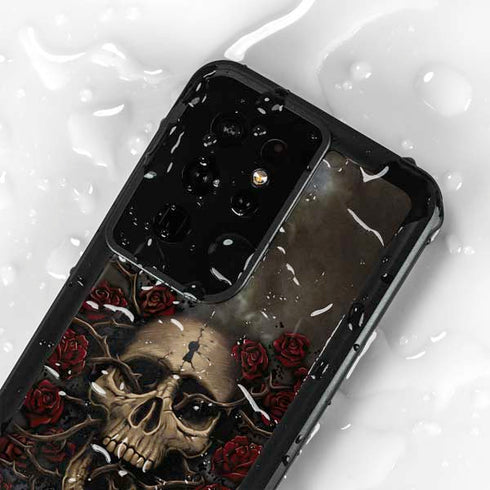 Liquid Blue Skull Entwined with Roses Galaxy S24 Ultra Waterproof Case