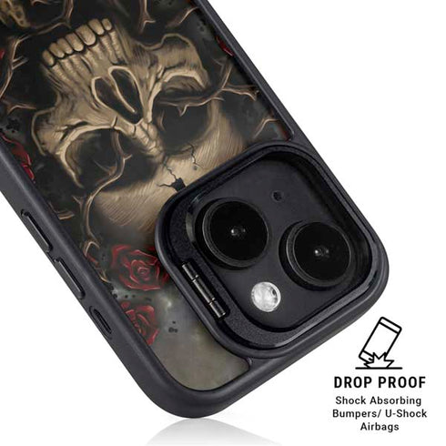 Liquid Blue Skull Entwined with Roses iPhone 14 Plus Kickstand Case