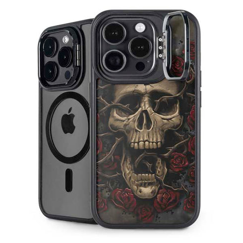 Liquid Blue Skull Entwined with Roses iPhone 14 Pro Kickstand Case