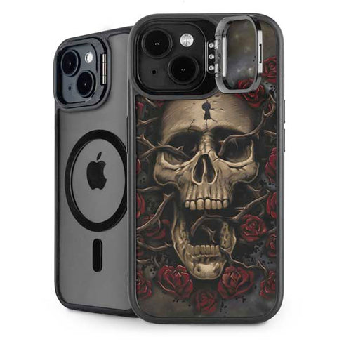 Liquid Blue Skull Entwined with Roses iPhone 15 Plus Kickstand Case