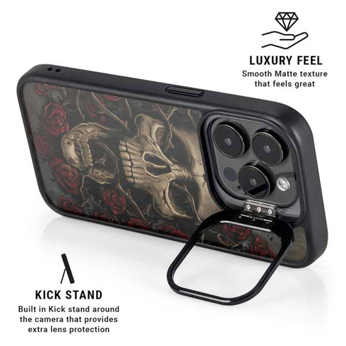Liquid Blue Skull Entwined with Roses iPhone 15 Pro Kickstand Case