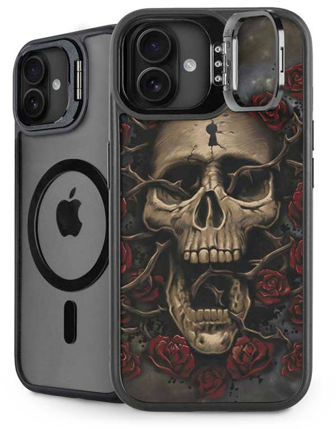 Liquid Blue Skull Entwined with Roses iPhone 16 Kickstand Case