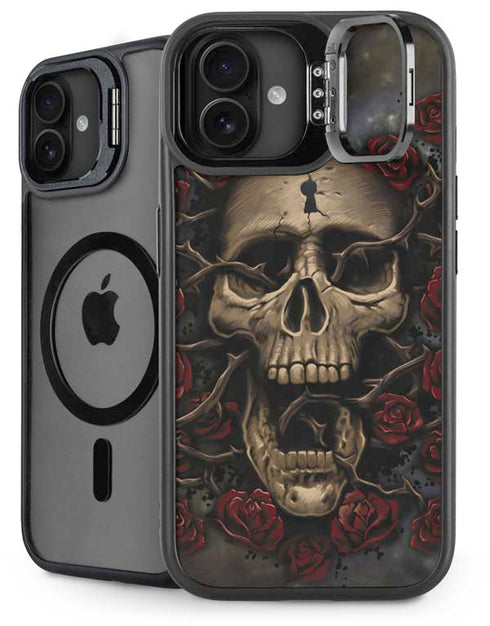 Liquid Blue Skull Entwined with Roses iPhone 16 Plus Kickstand Case