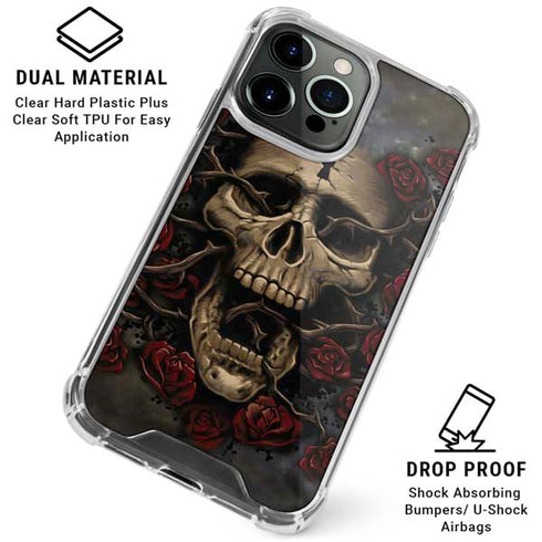 Liquid Blue Skull Entwined with Roses iPhone 16 Pro Clear Case
