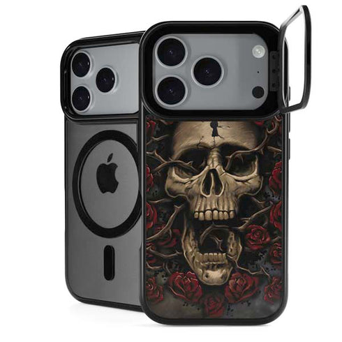 Liquid Blue Skull Entwined with Roses iPhone 18 Pro Kickstand Case