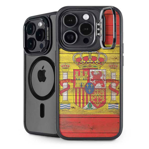 Spain Flag Dark Wood iPhone 15 Pro Kickstand Case