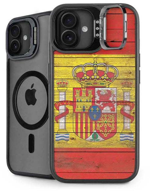 Spain Flag Dark Wood iPhone 16 Kickstand Case