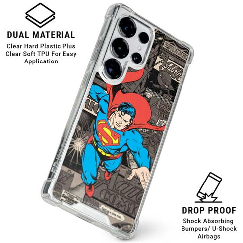 DC Comics Superman Vintage Action pose pattern Galaxy S25 Ultra Clear Case