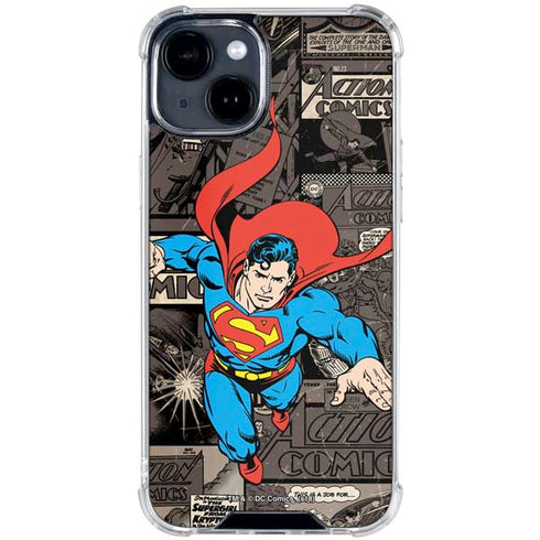DC Comics Superman Vintage Action pose pattern iPhone 15 Clear Case