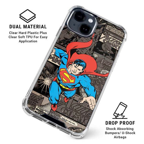 DC Comics Superman Vintage Action pose pattern iPhone 15 Clear Case