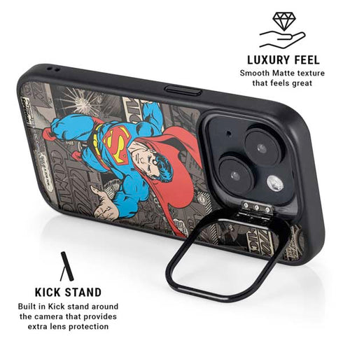 DC Comics Superman Vintage Action pose pattern iPhone 15 Plus Kickstand Case