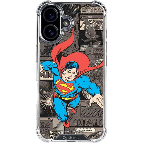 DC Comics Superman Vintage Action pose pattern iPhone 16 Plus Clear Case