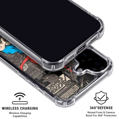 DC Comics Superman Vintage Action pose pattern iPhone 16 Plus Clear Case