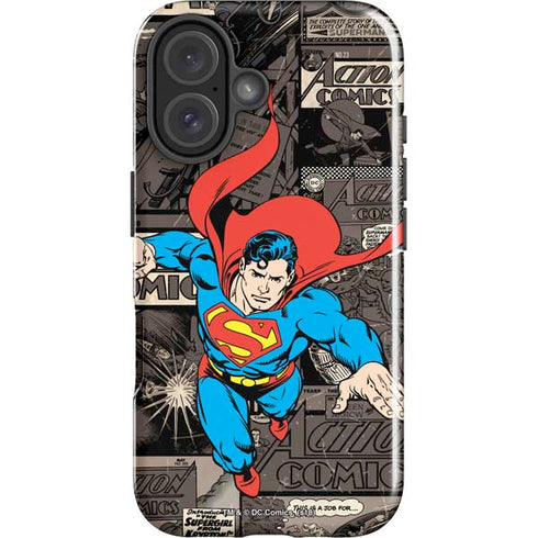 DC Comics Superman Vintage Action pose pattern iPhone 16 Plus Impact Case