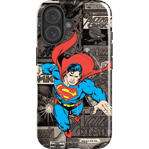 DC Comics Superman Vintage Action pose pattern iPhone 16 Plus Magsafe Impact Case