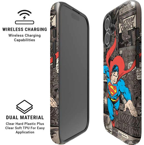 DC Comics Superman Vintage Action pose pattern iPhone 16 Plus Magsafe Impact Case
