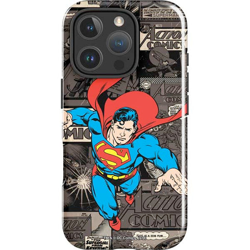 DC Comics Superman Vintage Action pose pattern iPhone 16 Pro Impact Case