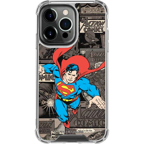 DC Comics Superman Vintage Action pose pattern iPhone 16 Pro Max Clear Case