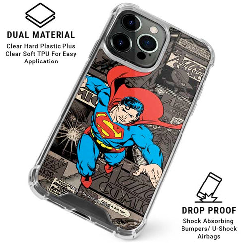 DC Comics Superman Vintage Action pose pattern iPhone 16 Pro Max Clear Case