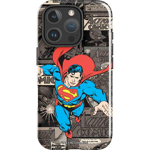 DC Comics Superman Vintage Action pose pattern iPhone 16 Pro Max Impact Case
