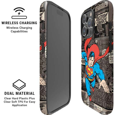 DC Comics Superman Vintage Action pose pattern iPhone 16 Pro Max Magsafe Impact Case