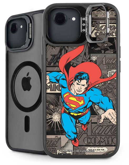 DC Comics Superman Vintage Action pose pattern iPhone 16e Kickstand Case